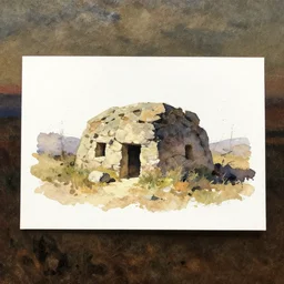 small centered on white watercolor paper, paint brush strokes, abstract watercolor painting of prehistoric stone house, midday sharp light, dust, cinematic light, american romanticism traditional gouache backdrop painting on artgerm by hans dahl, by jesper ejsing, by anders zorn, by greg rutkowski, by greg manchess, by tyler edlin