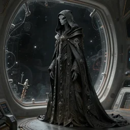 a tall and thin hooded, robed gray - skinned alien space elf, in a long dark flowing ornate fancy cloak, in front of space station window, science fiction, gothic, intricate, elegant, illustration, digital painting, 8 k, fine detail, art by greg rutkowski, frank frazetta, jack kirby, albert aublet, frank herbert, and alphonse mucha