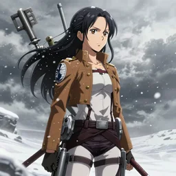 girl with steampunk weapons and uniform, serious, intense, finely detailed, made by artgerm, full body portrait, illustration, snow, snowing, cloudy, anime, side view, perfect anime face, realistic face, zoomed out, smooth, brown eyes, high waisted shorts, sharp focus, key visual of attack on titan