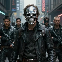a man with a silver skull mask leading a team of mercenaries through a cyberpunk slum, photorealistic movie still by michael komarck, greg rutkowski, victo ngai, artgerm, willem claesz heda and j. dickenson