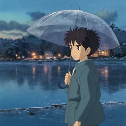 rainy day by the lake, winter frost, city lights, anime art by studio ghibli and hayao miyazaki