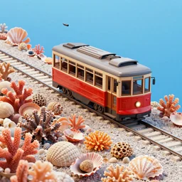 a streetcar is running on the chromatic sea composed of coral and shells, unreal engine, fantasy art by greg, loish, rhads, ferdinand knab, makoto shinkai and lois van baarle, ilya kuvshinov, rossdraws, tom bagshaw, radiant light, trending onstudio ghibli, highly detailed, octane render, 8 k