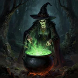 a scary witch making green glowing soup from a cauldron, Matte painting , detailed painting, made by Greg Rutkowski, 4k, atmospheric