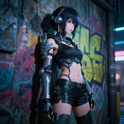cyberpunk anime girl mech standing wall, cyberpunk accessory, side view, 3 / 4 shot, street night, beautiful face, grafity, arcane, detail, good face, pose model, concept art, in style of yoji shinkawa, pan ren wei, col price, atey ghailan, by greg rutkowski, aesthetic, digital painting, 3 d