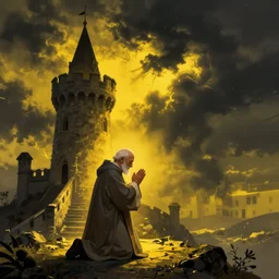 An old catholic priest kneeled in passionate prayer at the summit of a tall medieval tower while an ominous yellow shadow is descends upon him from the night sky . Award-winning digital art, trending on ArtStation
