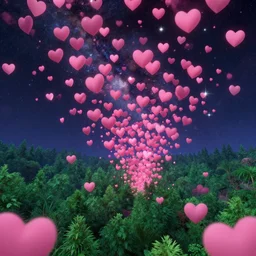 pink hearts flooding the starry night sky, space war, green forest, trending on artstation, beautiful, detailed, womp, 4 k