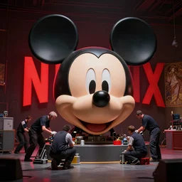bunch of mechanics working on big mickey mouse head, red glowing netflix logo behind, made by beeple, cgsociety, unreal engine, octane render, greg rutkowski, alphonse mucha, cinematic lighting, dark room, low light, sharp focus, 4 k highly detailed art
