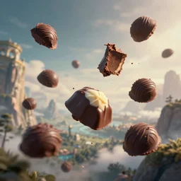a fantasy world chocolates flying around in the sky, cinematic, color graded