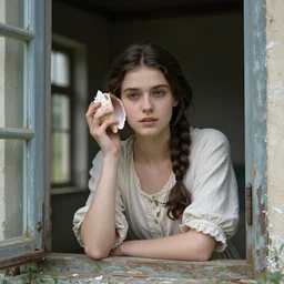 a young woman with her hair tied in a plait to one side, dark hair, sits in the window of a semi - abandoned chateau. she holds a shell to her ear. rembrandt