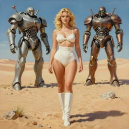 A mixed media portrait painting of a beautiful blonde woman in the sand on a desert alien planet, very curvy, aesthetic! high-waisted white-bikini-armor and boots, aesthetic symmetrical face and eyes, model, Scandinavian, discarded mechsuit in background, by Boris Vallejo, Beeple, Frank Frazetta, Greg Rutkowski, Christian MacNevin, Alphonse Mucha, epic fantasy character art, high fantasy, CGsociety, 60's Sci-fi Pinup style, exquisite detail, post-processing, masterpiece, cinematic