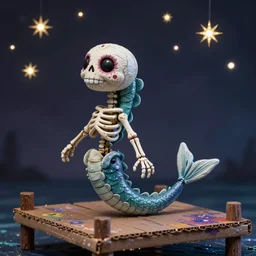 stop motion bipedal halloween skeletal eel sugar skull skeleton fantasy mermaid with a boney fish body, on a spray painted cardboard dock with a hand painted night sky full of led glittery stars, adorable, side profile, macro camera lens