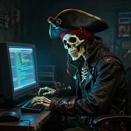 a cyberpunk hacker pirate captain skeleton with a pirate hat sitting in front of a crt monitor programming in a dark room, light coming from crt monitor, highly detailed, intricate, digital art, trending on artstation, trending on cgsociety, by greg rutkowski