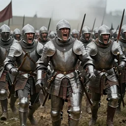 a medieval mercenary company wearing gambesons and half-plate armor charging into battle screaming fiercely, by Greg Rutkowski Thomas Kincade, detailed, 4k, cinematic, intense, gritty, emotions visible, symmetrical bodies and faces