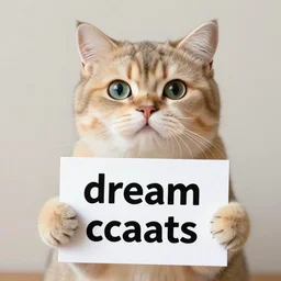 realistic high quality photo of a cute cat holding a sign with text that reads : dream caaats, cas
