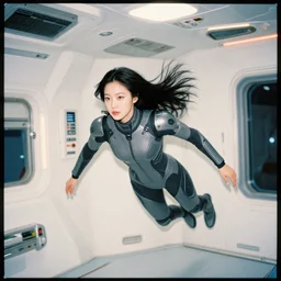 a korean woman with long black hair and grey / black futuristic metallic clothing floating in zero - gravity in a spaceship with a white and blue futuristic interior. orange lighting, kodak film grain, expired film
