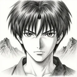 demon necromancer , short hair, made by Yusuke Murata, Tomohiro Shimoguchi, Takeshi Obata, Tite Kubo, ArtStation, CGSociety, direct gaze, beautiful face, mountains in the background, perfect composition, symmetrical face,symmetrical eyes, pencil art on paper, unreal engine