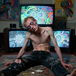 depraved and spiritually broken skinny man with spiral trippy eyes dazed and broken down by years of mind control propoganda, tv screens behind him, weird abstract art in the style. of will hughes, trending on artstation, ultra 8 k