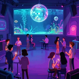cartoon, vaporwave, people communicating with each other in groups of ten, a large hall, dim painterly lighting volumetric aquatics, disco party