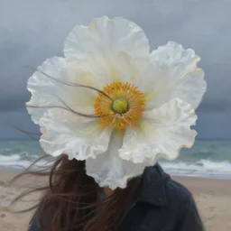 closeup, grande flower head, a girl on beach, surreal photography, wind and cold, dramatic sky, impressionist painting, digital painting, artstation, simon stalenhag