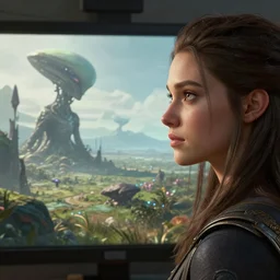 beautiful girl staring at an alien landscape, wide screenshot, ultrawide, character portrait, james gurney, character concept style trending on artstation, detailed face, concept art, detailed, octane render cinematic, photo-realistic, 8k, high detailed
