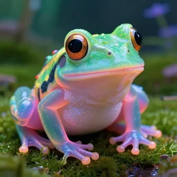 All Hail the mighty Cyberfrog ! In its natural environment, Close up. Macro. Hyper realistic, translucent, fluorescent. Synth wave