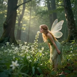 Fairy smelling on Flower, dawn, dense Forest, highly detailed, realistic photo
