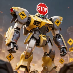 giant mecha fighter wearing yellow road signs and a red stop sign on its head, character design trending on artstation, mecha, unreal engine, octane render, dramatic lighting, epic battle