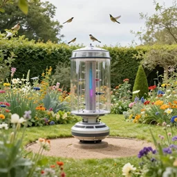 teleportation machine in a beautiful garden, with the smell of flowers in the air and the sound of birds singing by chris labrooy