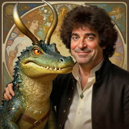 an ultra detailed matte painting bob ross being friends with alligator loki, fantasy concept art by alphonse mucha and greg rutkowski, octane render, 8 k, detailed face
