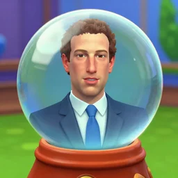 mark zuckerburg's face inside of a crystal ball seeing the future, in the style of sims 3 d