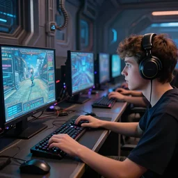boy playing game at his gaming room, 3 0 th century, close - up to the gaming setup, intricate details, led lights, sci - fi, indoor, spacious, art by filip hodas and artgerm