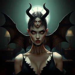 artgerm, gorgeoustaissa farmiga evil demon, torn black dress, full body shot, spooky, illustration, symmetrical face realistic eyes, cinematic lighting, hyperdetailed, charlie bowater, tom bagshaw, beautiful, elegant, dark bedroom