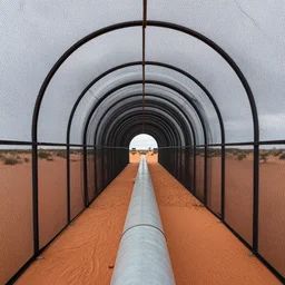 tunnel shaped, electrostatic atmospheric water condenser and collector, nikoa tesla antenna array technology, hills hoist, fine black mesh sailcloth in the australian desert, windtrap, natural light, high quality photograph, shallow depth of field, simple composition, highly detailed, symmetrical,