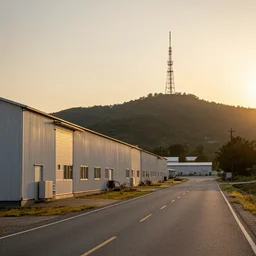 a road next to warehouses, and a hill background with a radio tower on top, sunset, hot day