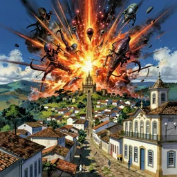 Ouro Preto minas gerais artwork by Tomer Hanuka Rendering with an explosive alien invasion over it . full of details, by Makoto Shinkai and thomas kinkade, Matte painting, trending on artstation and unreal engine