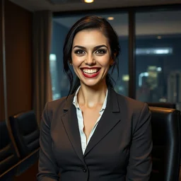 a portrait photograph of a smug vampire woman executive in a business dress in a board room with vampire fangs, black hair, dof, low light, highly detailed, night skyline outside window in background, 4 k, cinestill 8 0 0 t, exif, photography by andreas franke