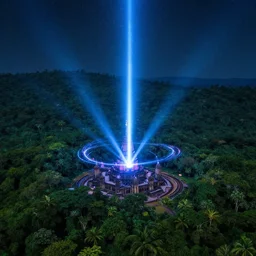 a stone temple emitting a super powered laser beam with magical energy spiraling around the beams light straight in a star filled sky surrounded by dense lush jungles from an aerial point of view