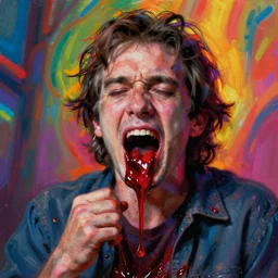 weird and disturbing portrait of todd solondz puking blood, todd solondz, vivid colors, neon, art by ( ( ( kuvshinov ilya ) ) ) and wayne barlowe and francis bacon and artgerm and wlop and william - adolphe bouguereau
