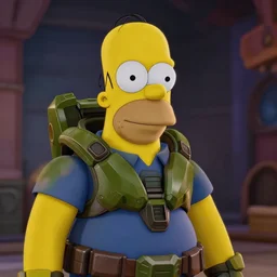 a videogame still of Homer Simpson in Halo 3, portrait, 40mm lens, shallow depth of field, close up, split lighting, cinematic