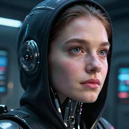 VFX movie of a cyborg hacker closeup portrait in high tech compound, beautiful natural skin neon lighting by Emmanuel Lubezki