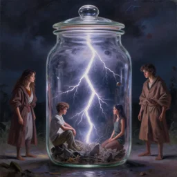 a lightning storm trapped inside a jar. beautiful detailed dramatic painting by artgerm and magali villanueve james jean and jeremy lipking