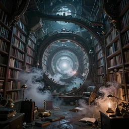 chromatic library, spiral, unreal engine, global illumination, smoke, detailed and intricate environment, mysterious, comfort, in the style of aetherpunk
