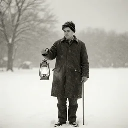 a man holds a lantern, snowstorm, cold, vintage photo
