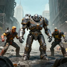super mutants from the fallout series attacking a post - apocalyptic new york city in the year 2 1 8 9 ( cinematic scene, extraordinarily detailed, good quality, illustration, uhd, 8 k, ultra lighting, hollywood movie shot, photo - realistic, intense shot, ultra - realistic super mutants )