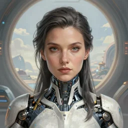 closeup portrait shot of a female biomechanic woman in a scenic scifi environment, intricate, elegant, highly detailed, centered, digital painting, artstation, concept art, smooth, sharp focus, warhammer, illustration, thomas kinkade, tomasz alen kopera, peter mohrbacher, donato giancola, leyendecker, boris vallejo
