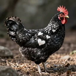 a newly discovered breed of chicken with black feathers that is spotted with very distinct white heart!!! shapes