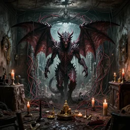 cybercore dragon angel pimp demonoid disappearing into a portal covered in wires damnation emerging in the middle of my digusting dirty room, holy ceremony, low quality photo, flikr , creepy, hypermaximalist, trail cam found footage, realistic, , intricate fine detail