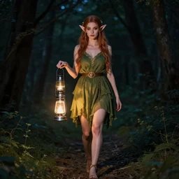 a photo of woman elf walks in night forest holding lantern in hands, perfect faces