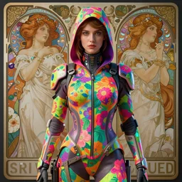 a highly detailed portrait of a futuristic female assassin, neon colored floral pattern suit, beautiful detail and color, art by john collier and albert aublet and krenz cushart and artem demura and alphonse mucha, volumetric lighting, octane render, 4 k resolution, matte, sharp focus, illustration, art by jacque - louis david, baroque style