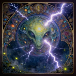 lightning, alien planet, overdetailed art, by greg rutkowski, by Alfons Mucha, complementing colors, colorful lights, fireflies, detailed illustration, octane render, smoky